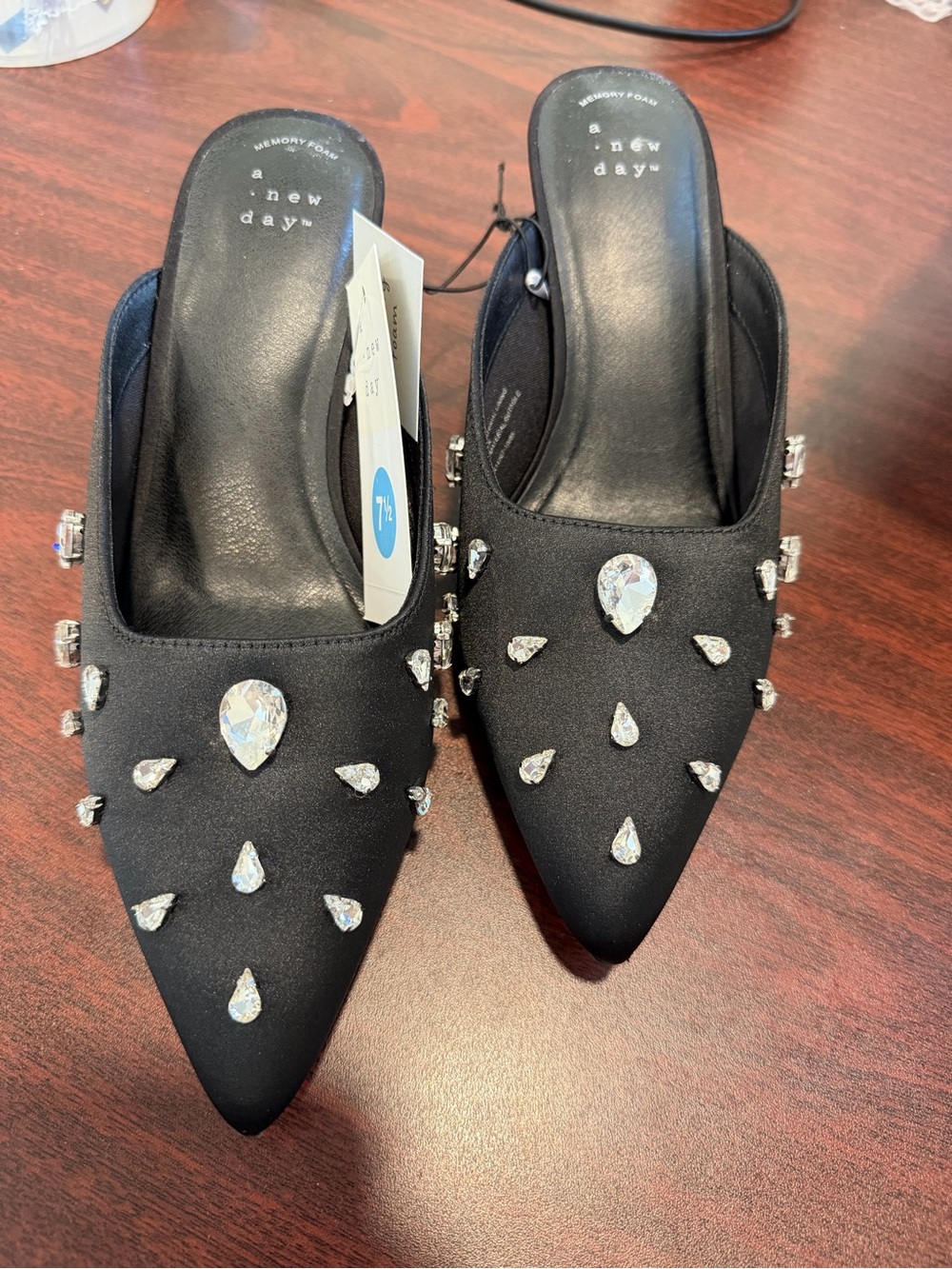 A New Day Black Rhinestone Memory Foam Pointed Toe Slip-On Kitten Heel Mules 7.5